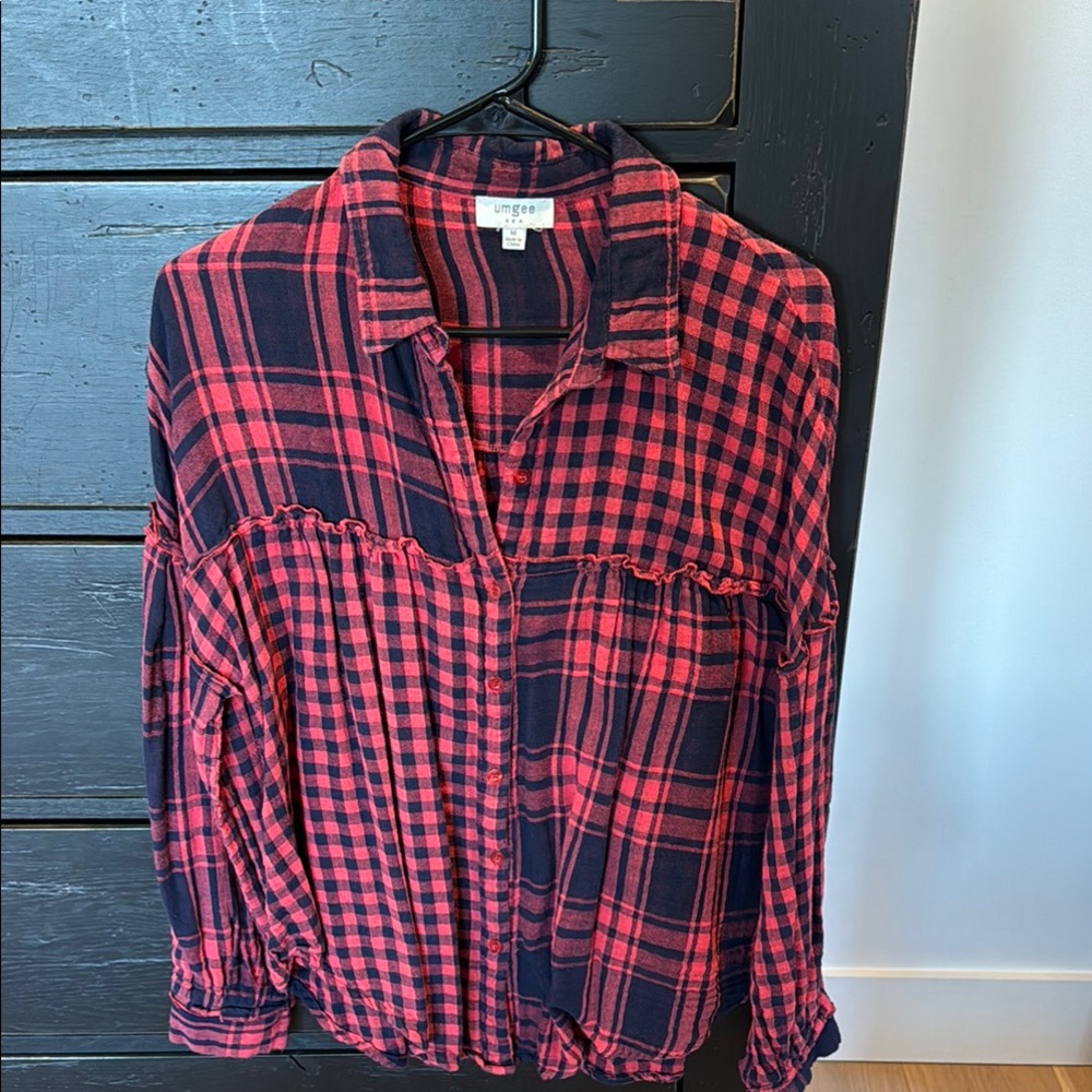 Umgee Red and Navy Plaid Button Down Shirt